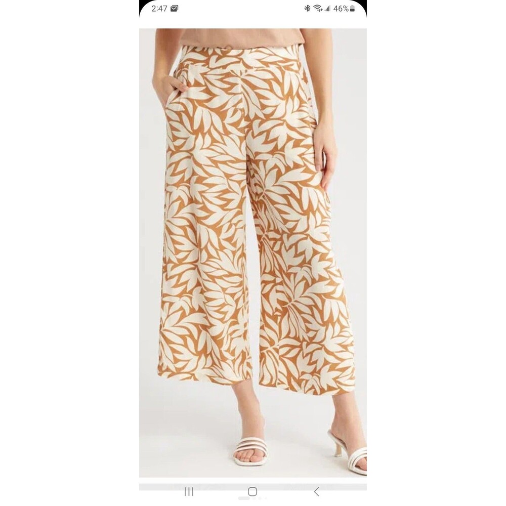Tahari brown cream print ankle wide leg palazzo pants S resortwear city work